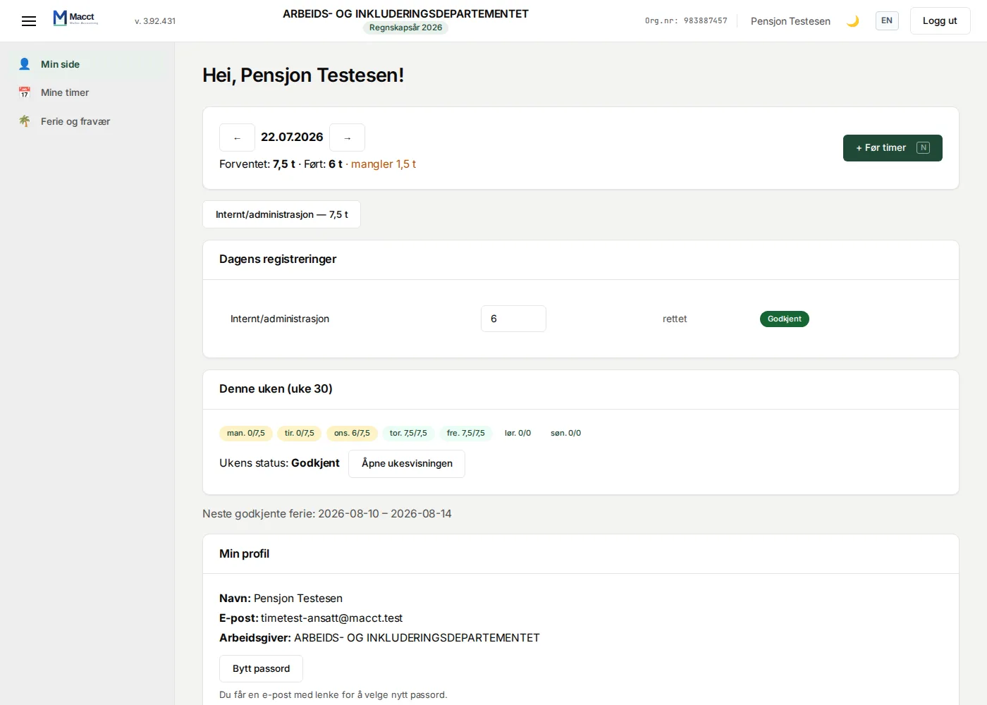 Den ansattes «Min dag»-side i Macct